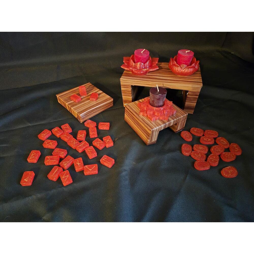 Witches runes, Elder Futhark runes and 3 different Lotus candle holders. Red